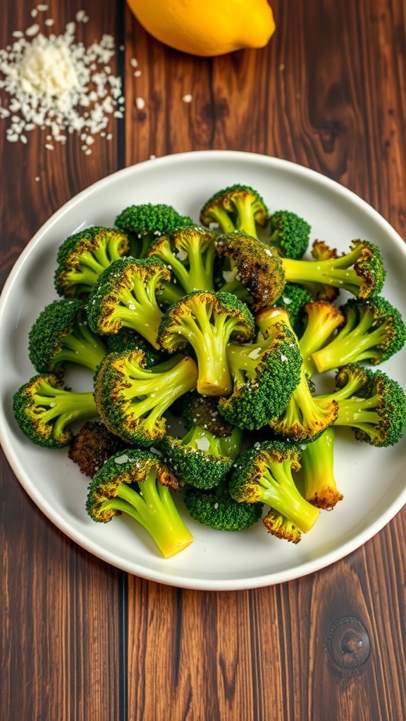 Crispy air fryer broccoli garnished with Parmesan cheese on a white plate.